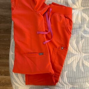 Figs Women's Vibrant Red Scrub Set with Lilac Accents